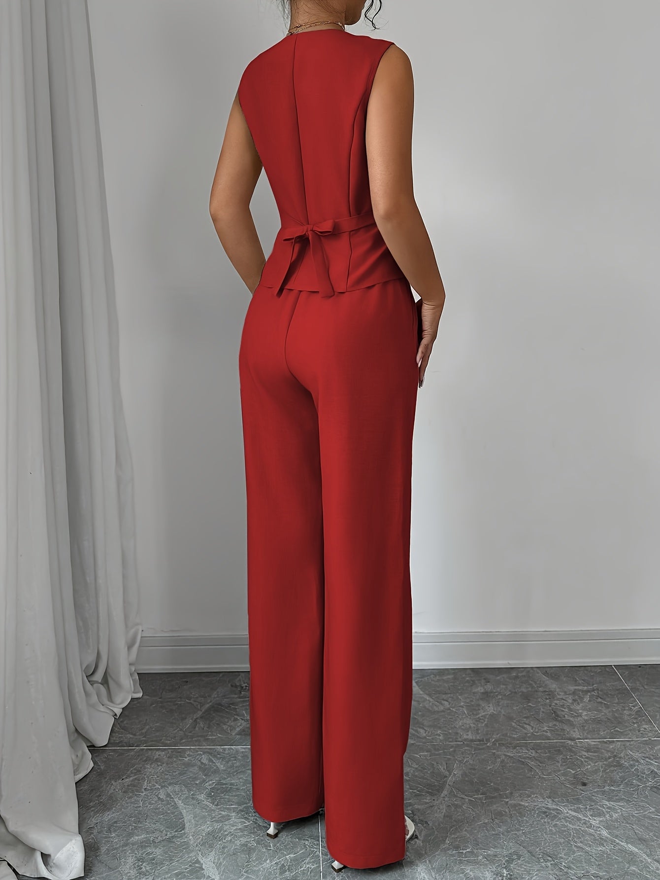 Conjunto Elegante de Colete Sem Mangas com Decote em V e Calça Reto para Mulheres, Ideal para Uso Casual