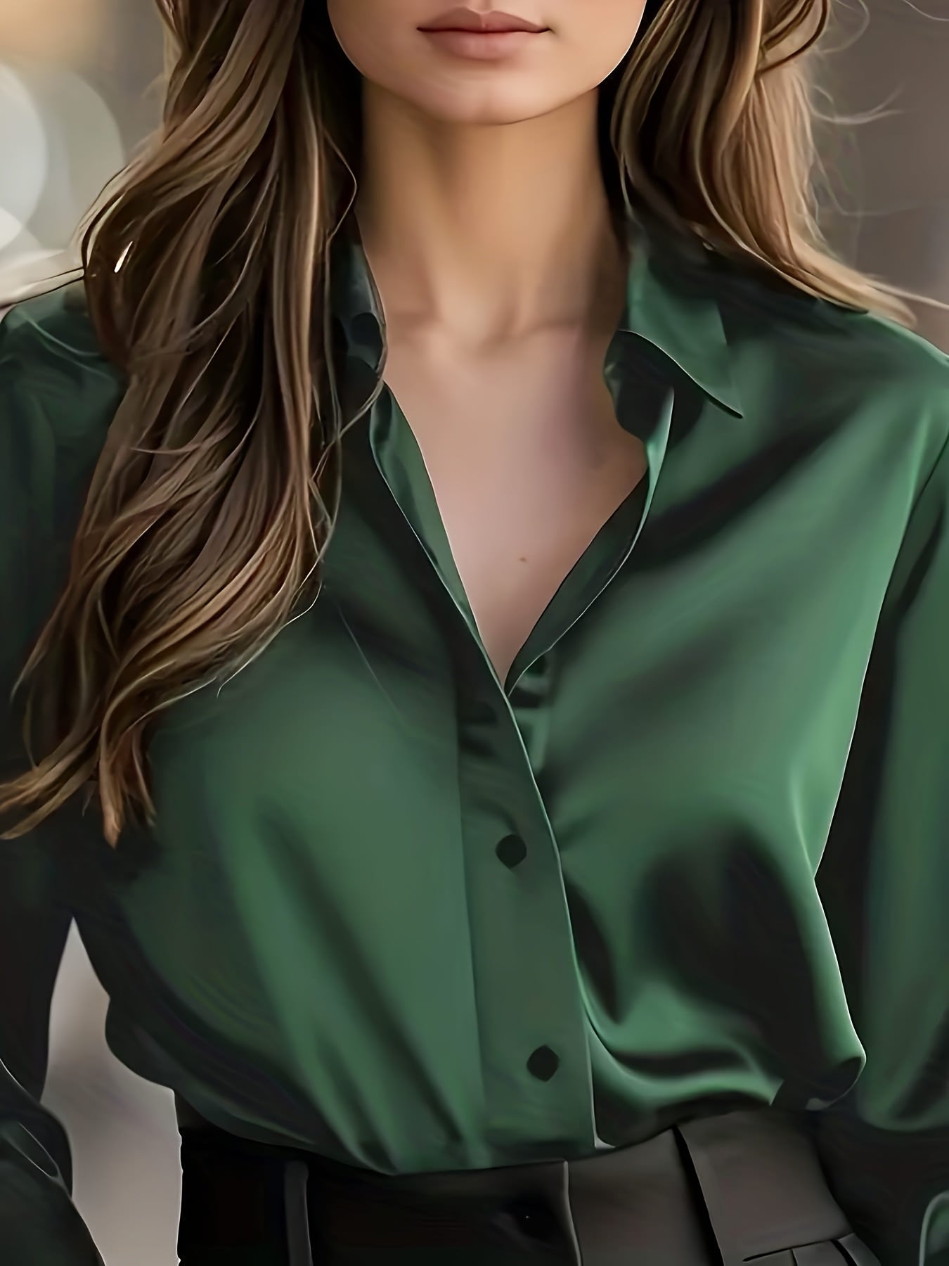 Blusa de Cetim de Manga Comprida para Mulher | Camisa Profissional Elegante com Decote em V para Escritório, Roupa Casual de Primavera/Outono, Corte Justo
