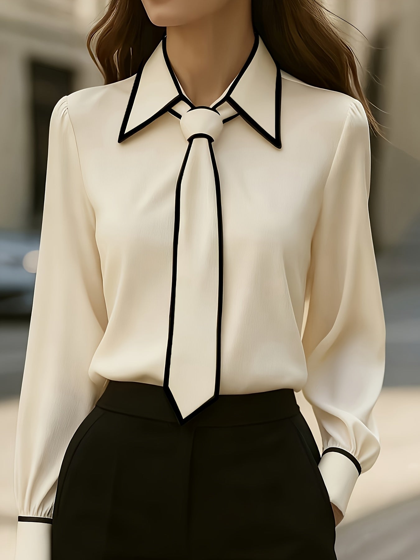 Camisa Elegante de Gola Contrastante para Todas as Estações | Cor Sólida, Estilo Lapela com Detalhes de Botões