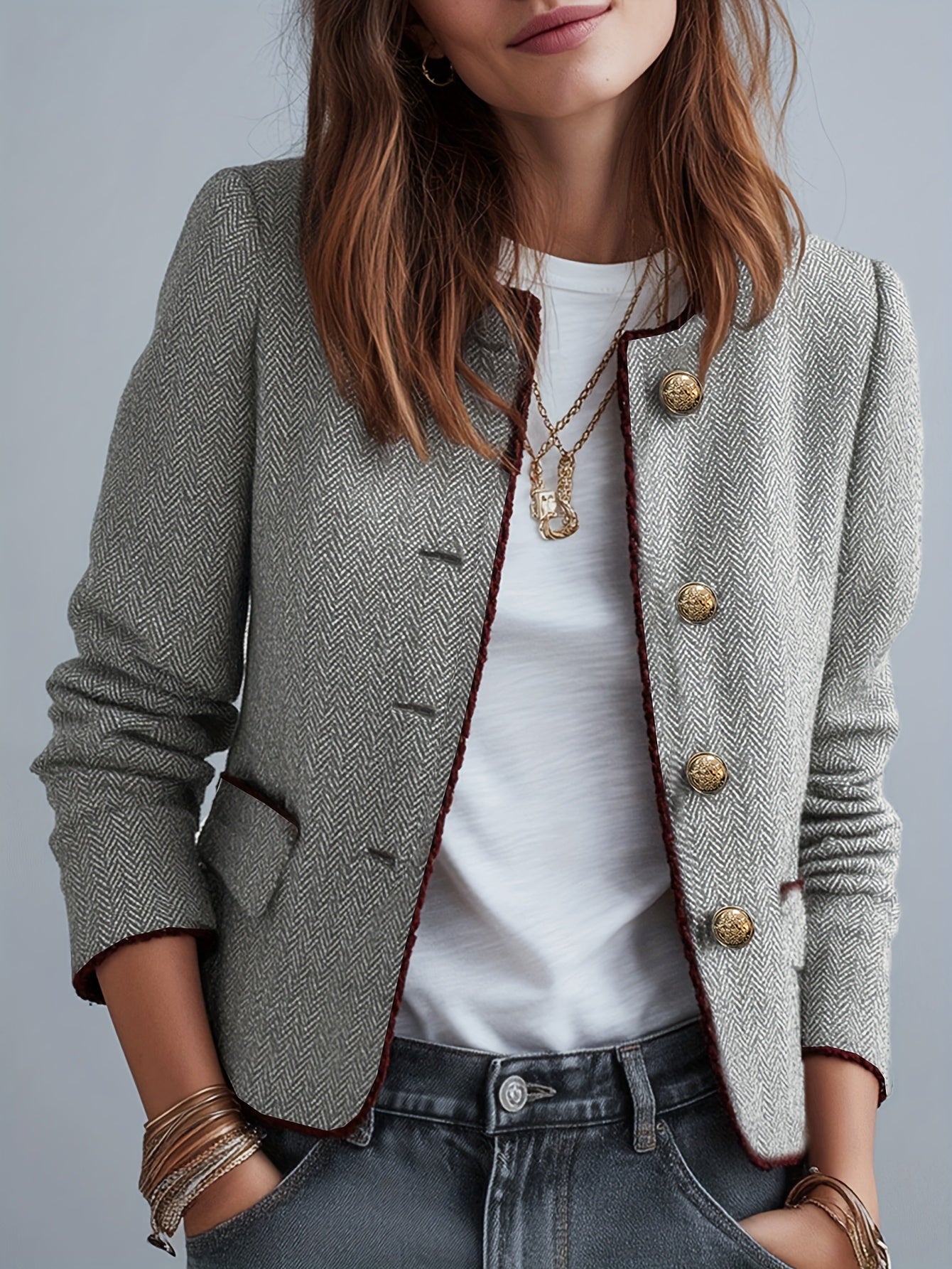 Casaco Elegante Casual de Mulher em Tweed Espinha de Peixe para as Quatro Estações com Cinto | Cor Sólida, Design Sem Gola