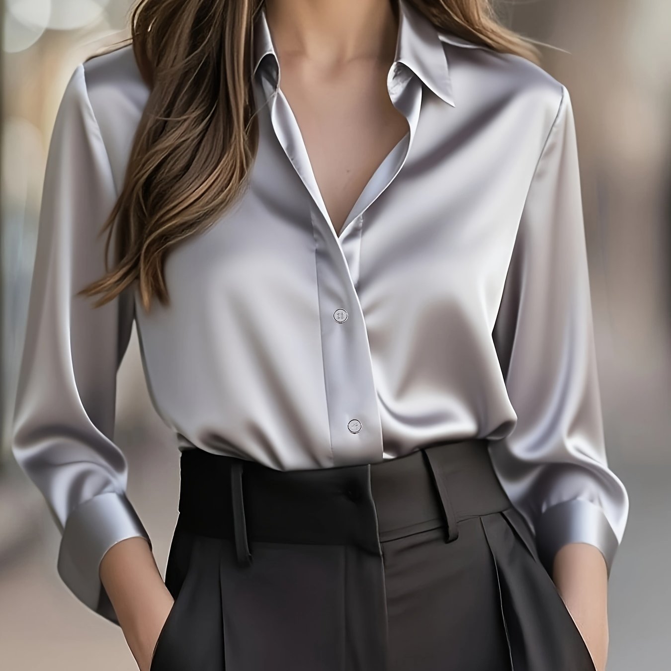 Blusa Elegante de Cetim de Cor Sólida para Mulher | Estação Primavera/Outono, Manga Comprida, Abotoadura Simples, Corte Normal