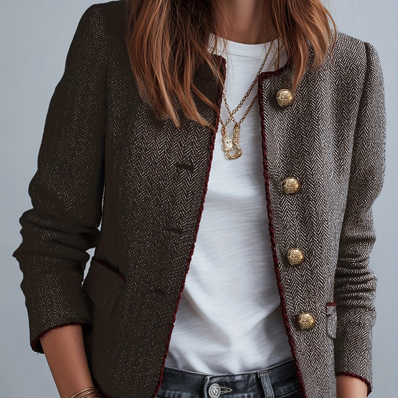 Casaco Elegante Casual de Mulher em Tweed Espinha de Peixe para as Quatro Estações com Cinto | Cor Sólida, Design Sem Gola