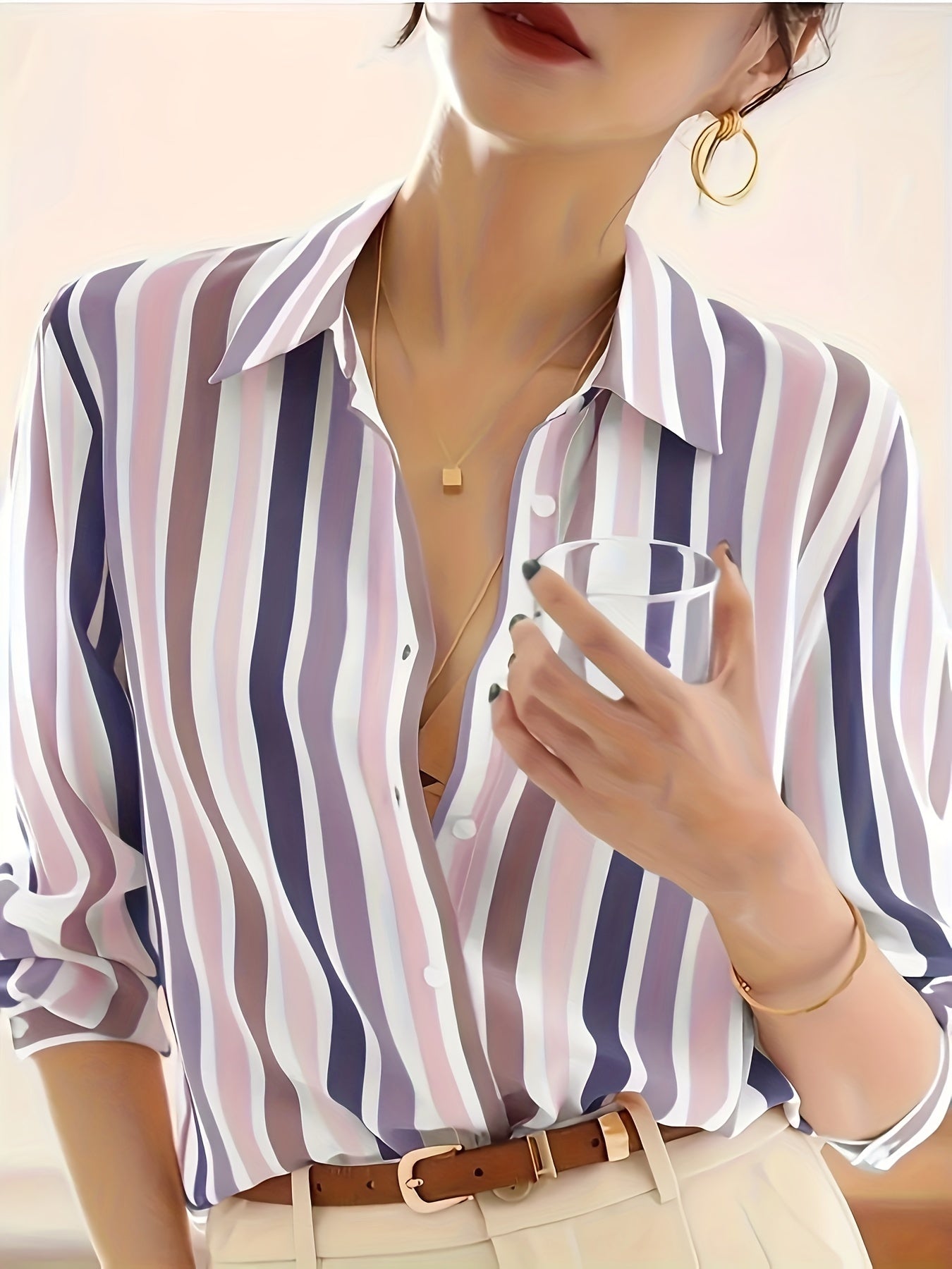 Camisa Casual de Manga Comprida às Riscas para Mulher | Riscas Verticais Pretas e Brancas, Leve, Ideal para Primavera/Verão/Outono | Gola de Lapela Clássica, Blusa Elegante e Moderna