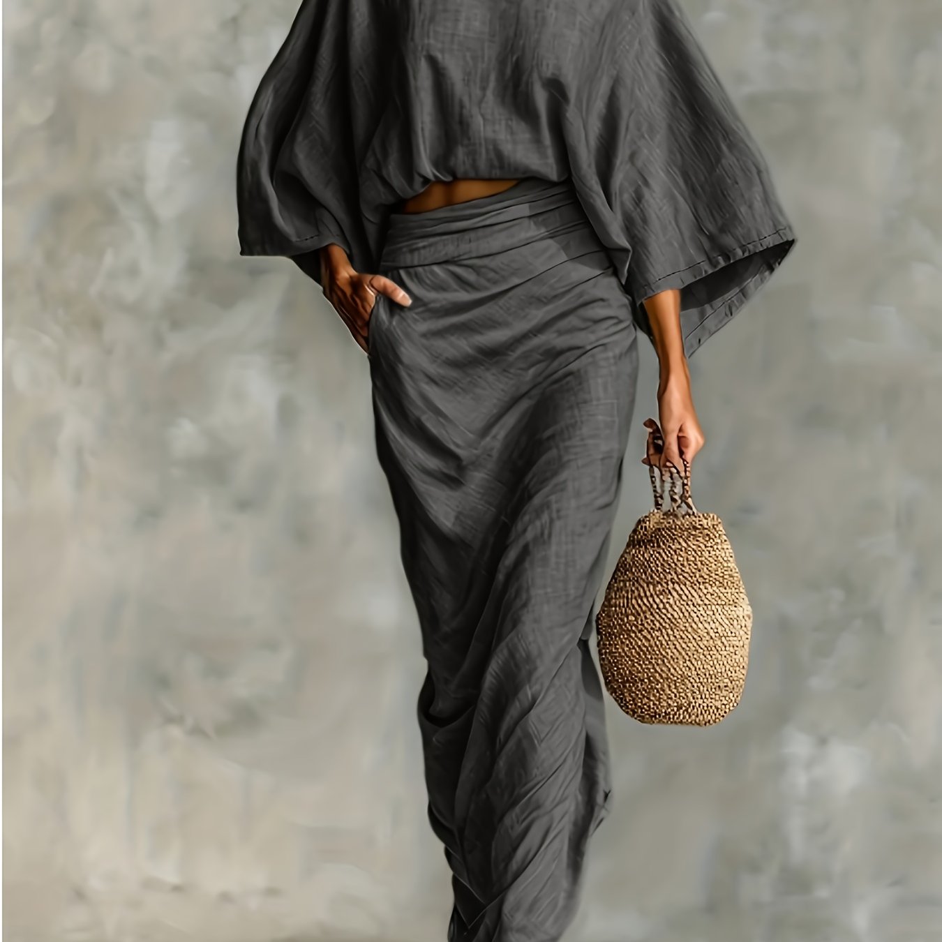 Conjunto Elegante de Top Curto com Mangas Morcego e Saia Dividida de Cintura Subida | Cor Sólida, Gola Redonda, Detalhe de Bolso, Roupa Casual Versátil