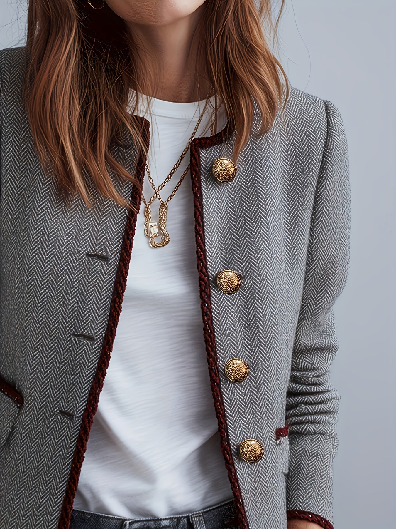 Blazer Elegante de Pata de Canguru Feminino, Casaco de Outono/Inverno com Detalhe de Carcela Vermelha, Fecho de Botões de Um Botão, Corte Regular, Comprimento Curto, Versátil para Uso Casual, Fim de Semana e Formal, Cor Sólida, Manga Regular, Respirável