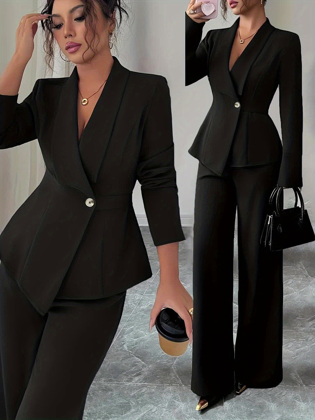 Terno feminino de cor sólida, requintado e elegante, ideal para escritório, deslocamento, estilo urbano, romance francês, casual, retrô do Oriente Médio, chá da tarde, festa, Ação de Graças, volta às aulas, primavera/outono/inverno, terno de duas peças pa