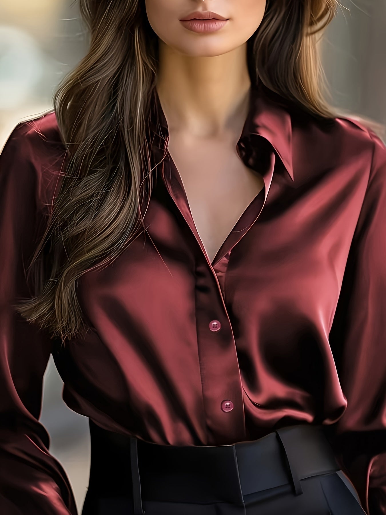 Blusa de Cetim de Manga Comprida para Mulher | Camisa Profissional Elegante com Decote em V para Escritório, Roupa Casual de Primavera/Outono, Corte Justo