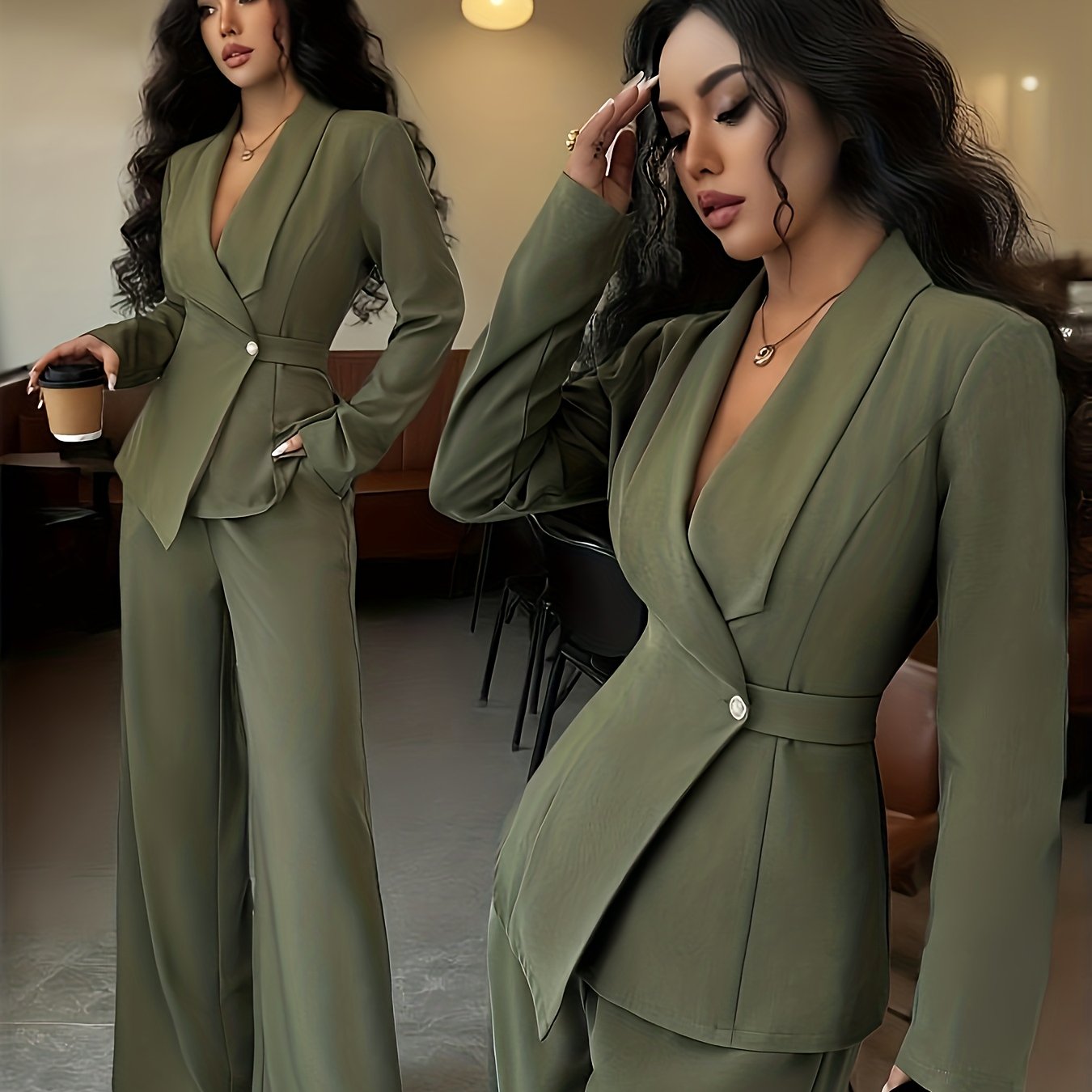 Conjunto de Roupa de Deslocações Moderno e Elegante em Cor Sólida | 2 Peças, Calças Elegantes com Detalhes de Botões para a Primavera/Outono