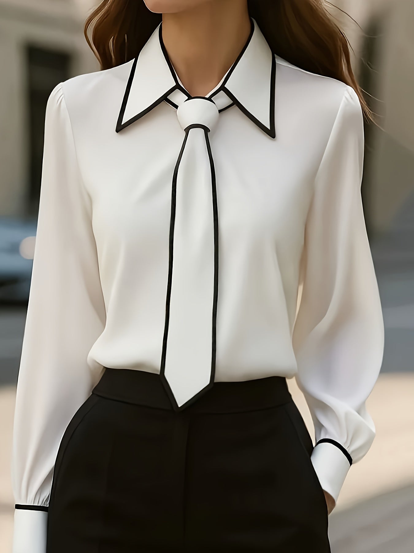 Camisa Elegante de Gola Contrastante para Todas as Estações | Cor Sólida, Estilo Lapela com Detalhes de Botões