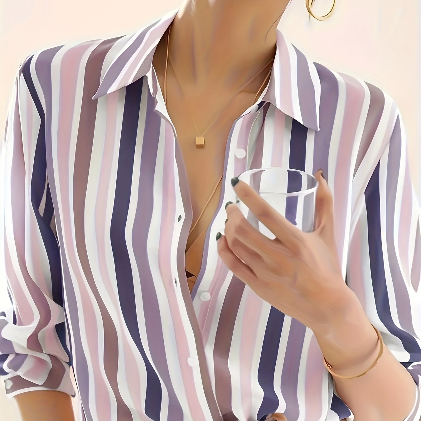 Camisa Casual de Manga Comprida às Riscas para Mulher | Riscas Verticais Pretas e Brancas, Leve, Ideal para Primavera/Verão/Outono | Gola de Lapela Clássica, Blusa Elegante e Moderna