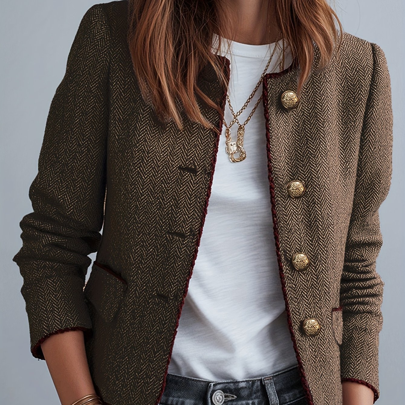 Casaco Elegante Casual de Mulher em Tweed Espinha de Peixe para as Quatro Estações com Cinto | Cor Sólida, Design Sem Gola