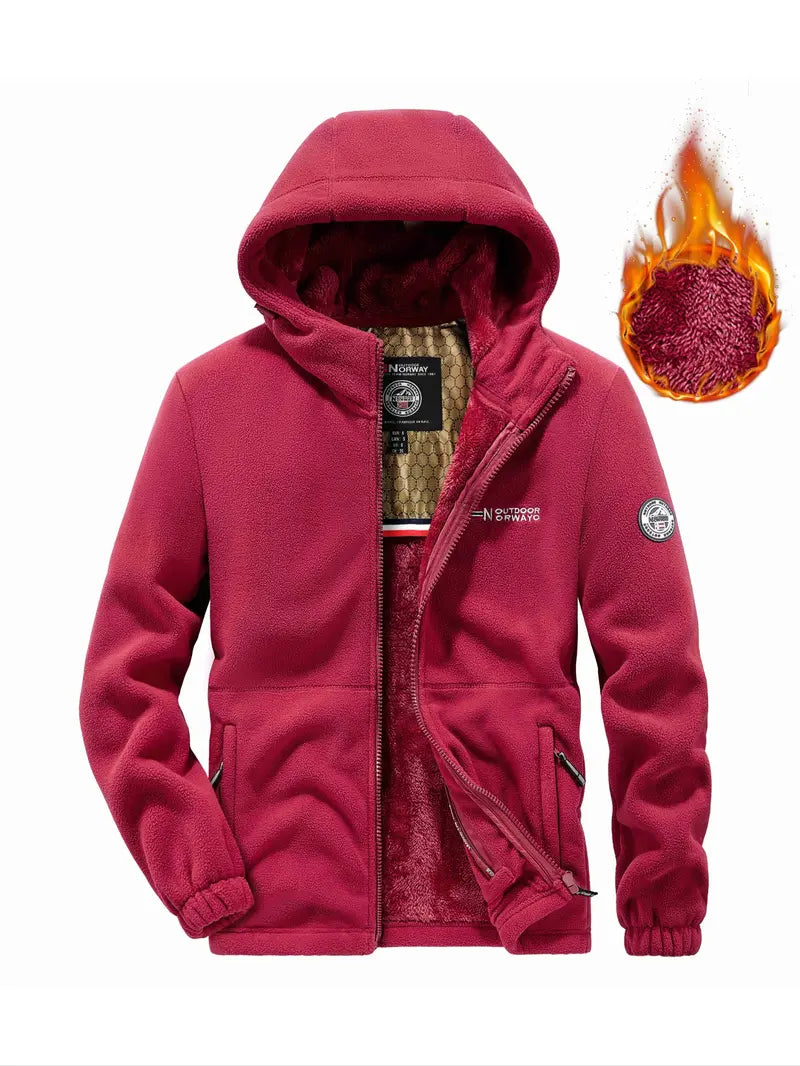 Men's Hooded Casual Fleece Jacket with Zipper, Embroidered Letter Design