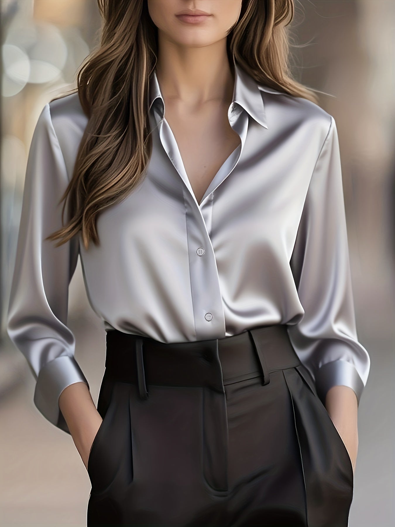 Blusa de Cetim de Manga Comprida para Mulher | Camisa Profissional Elegante com Decote em V para Escritório, Roupa Casual de Primavera/Outono, Corte Justo