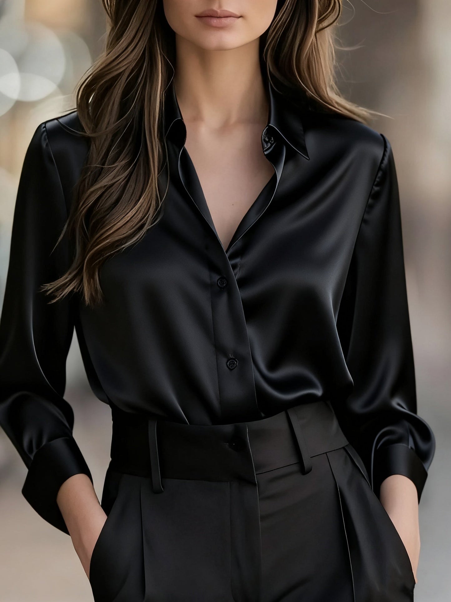 Blusa de Cetim de Manga Comprida para Mulher | Camisa Profissional Elegante com Decote em V para Escritório, Roupa Casual de Primavera/Outono, Corte Justo