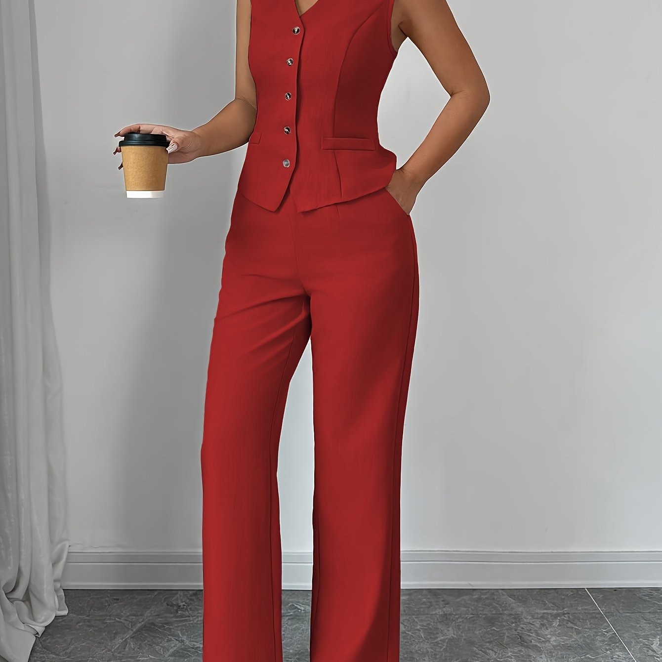 Conjunto Elegante de Colete Sem Mangas com Decote em V e Calça Reto para Mulheres, Ideal para Uso Casual