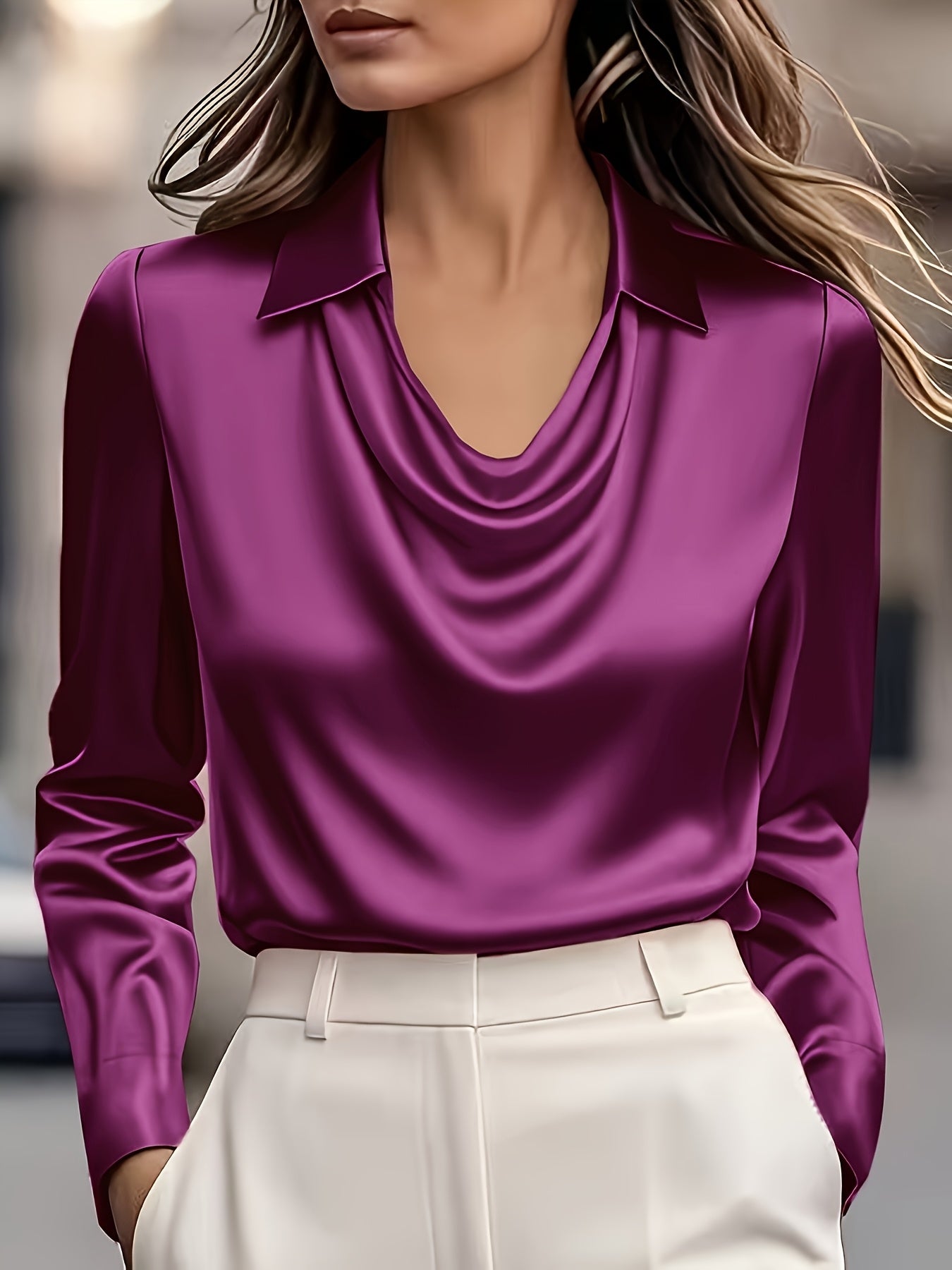 Camisa de Cetim Elegante | Decote em V, Manga Comprida, Corte Larga, Adequada para Todas as Estações, Ideal para Ocasiões Casuais ou Formais, Textura Suave