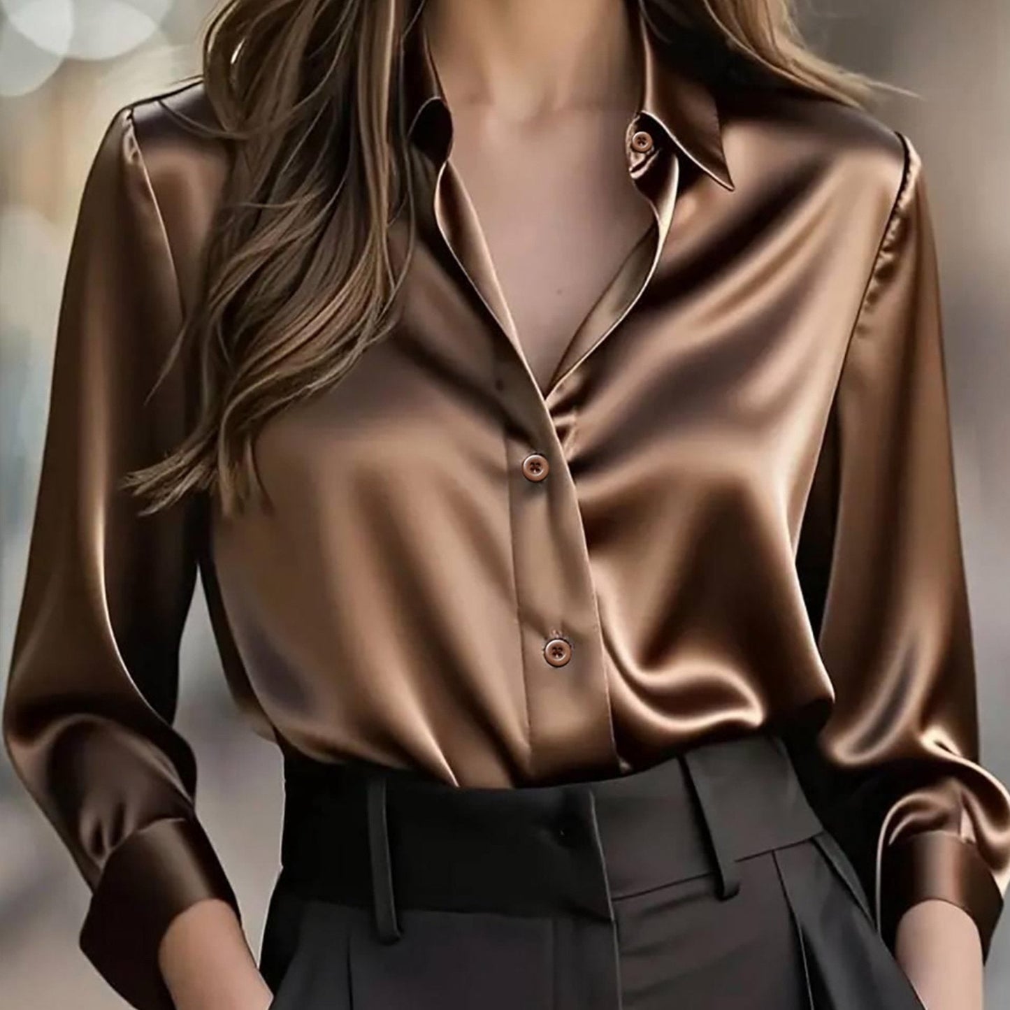 Blusa de Cetim de Manga Comprida para Mulher | Camisa Profissional Elegante com Decote em V para Escritório, Roupa Casual de Primavera/Outono, Corte Justo