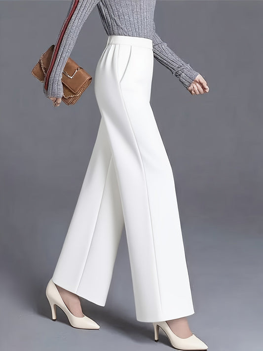 Calças Elegantes de Cintura Subida e Perna Larga | Ajuste Solto Confortável, Cor Lisa, Design Assimétrico com Bolsos, Roupa Casual para Todas as Estações, Lavável na Máquina