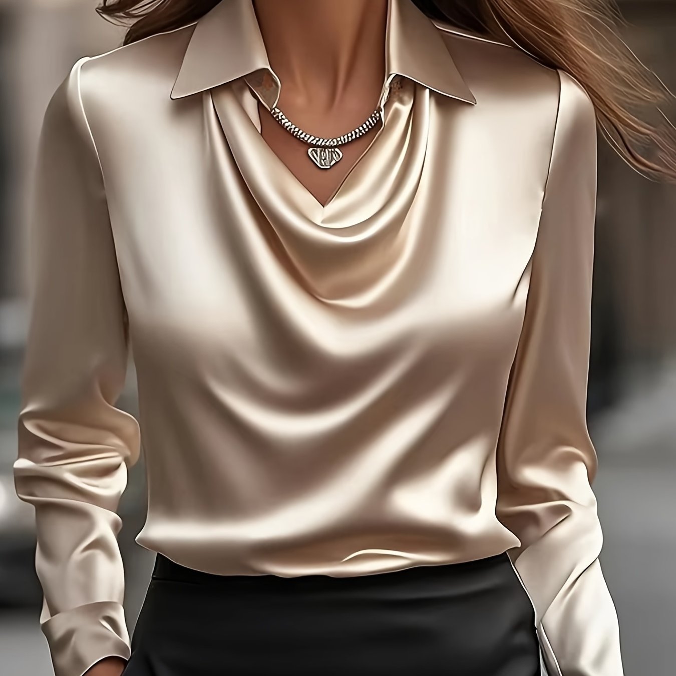 Camisa Feminina de Gola Alta, Top Solto e Simples com Gola Alta e Decote Oscilante