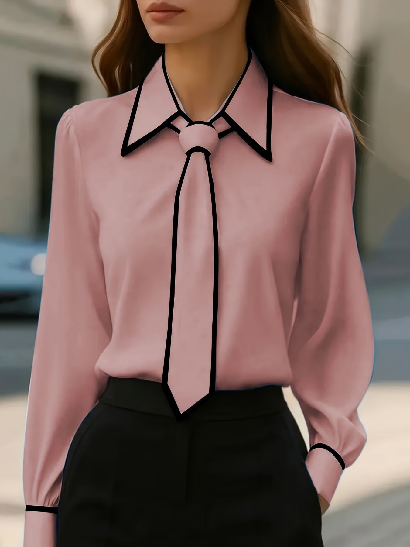 Camisa Elegante de Gola Contrastante para Todas as Estações | Cor Sólida, Estilo Lapela com Detalhes de Botões