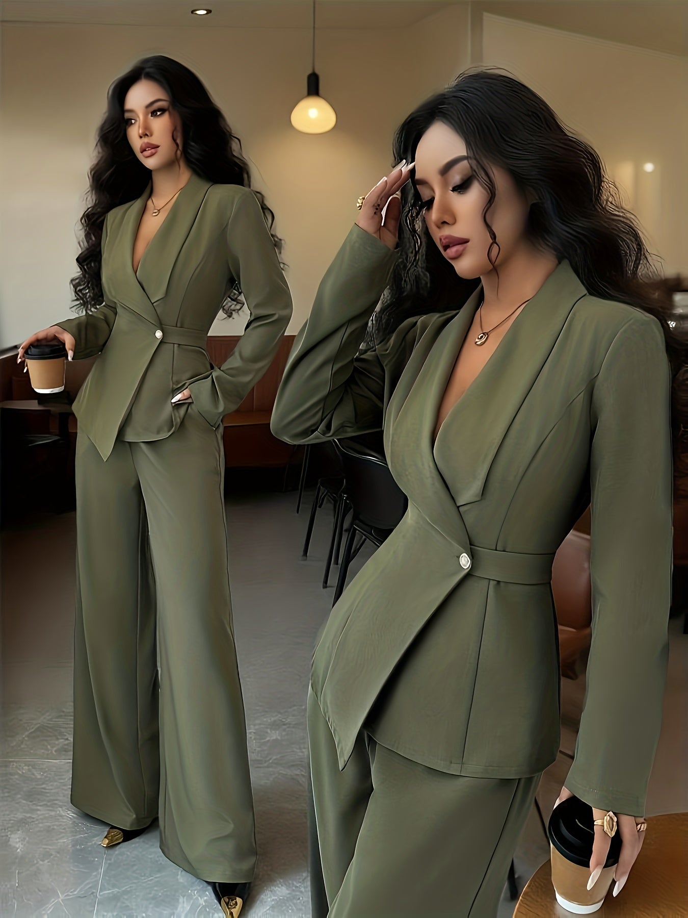Conjunto de Roupa de Deslocações Moderno e Elegante em Cor Sólida | 2 Peças, Calças Elegantes com Detalhes de Botões para a Primavera/Outono