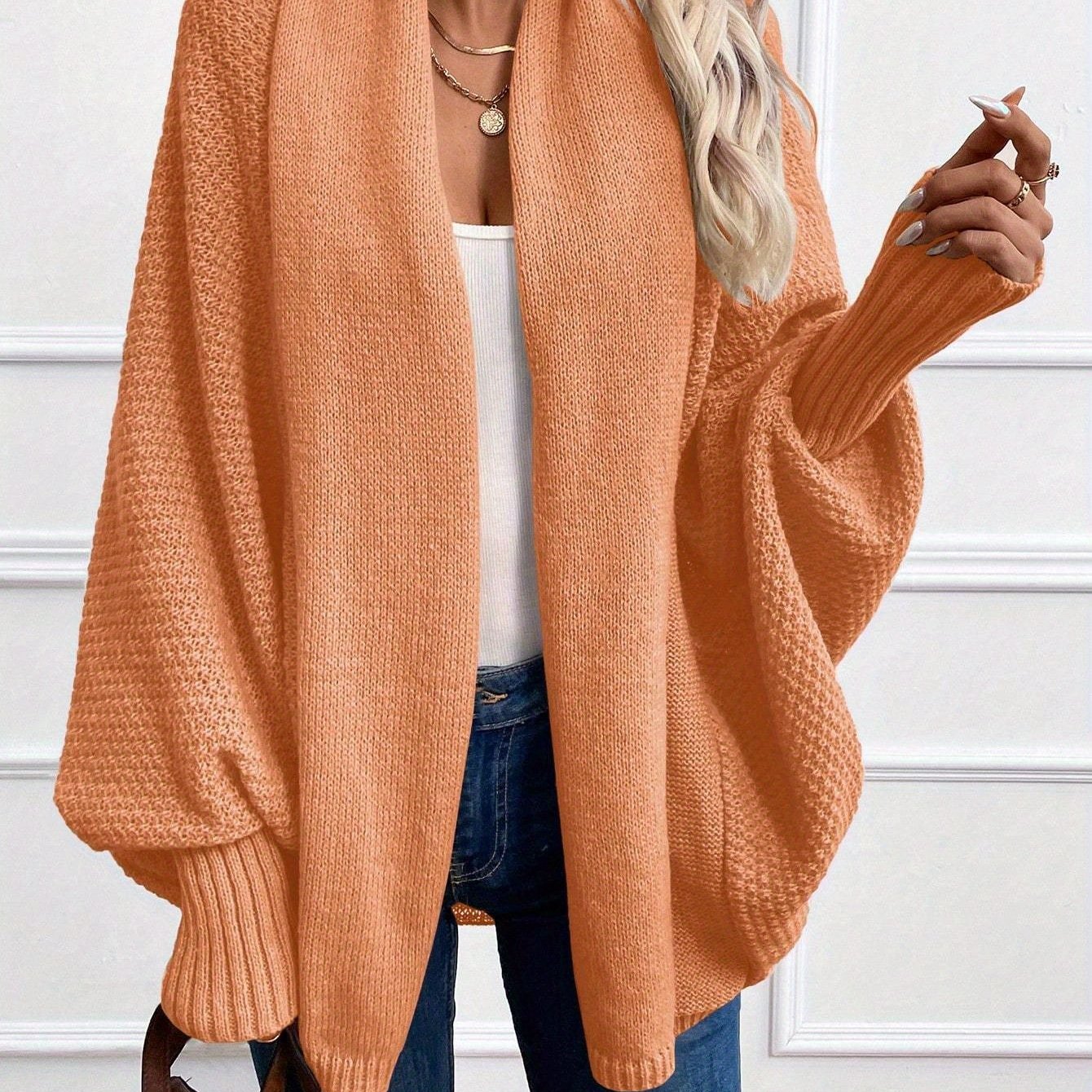 Cardigan Elegante de Cor Lisa com Mangas Lanterna e Gola Chales para Mulher, Ideal para o Outono e Inverno.