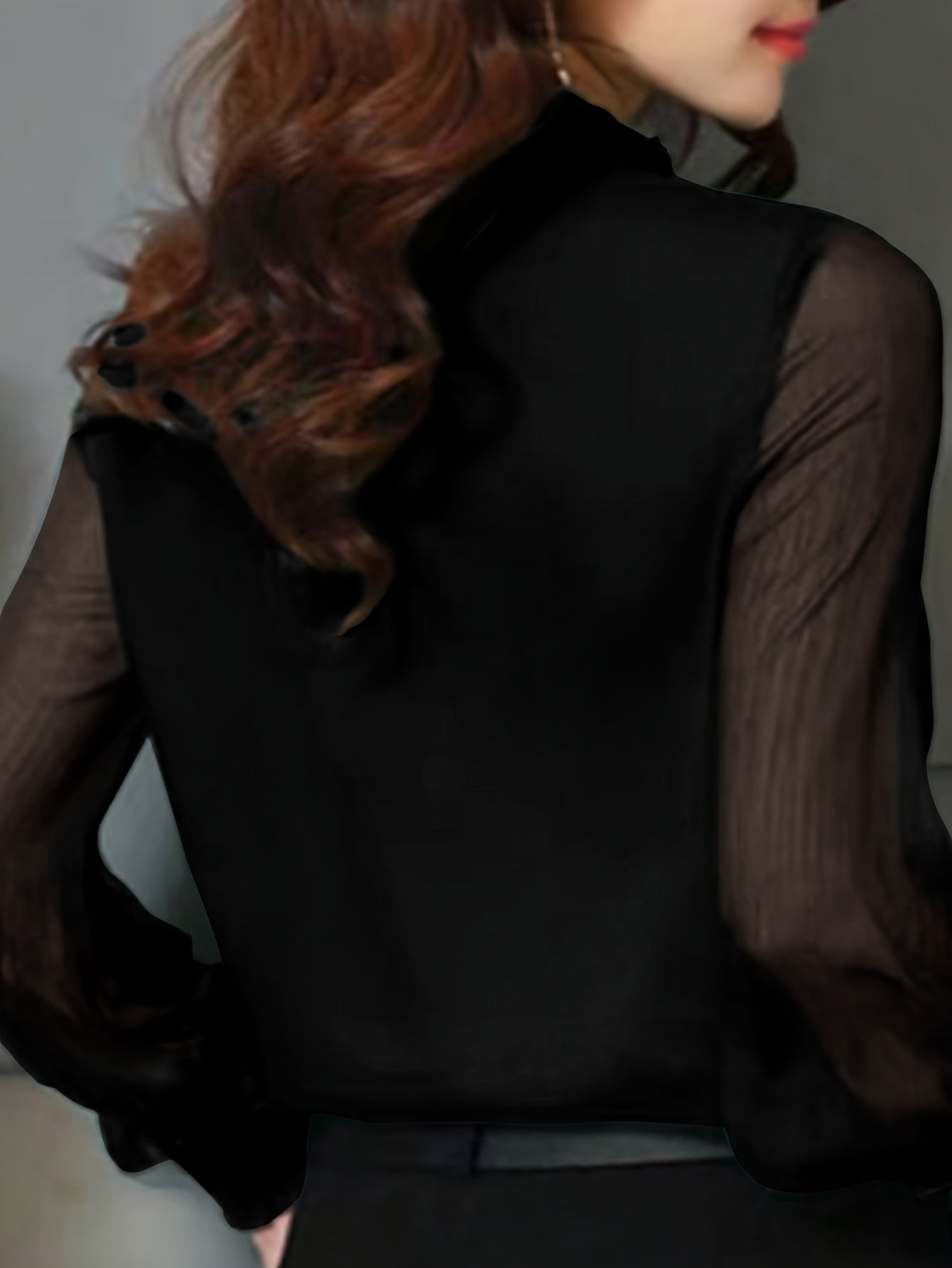 Blusa Feminina Elegante com Gola Alta e Babado - Manga Longa, Cores Sólidas, Camisa para Escritório e Casual, Top Semi-Transparente para Todas as Estações, Lavável na Máquina, Caimento Regular para Eventos Sociais (Sem Acolchoado)