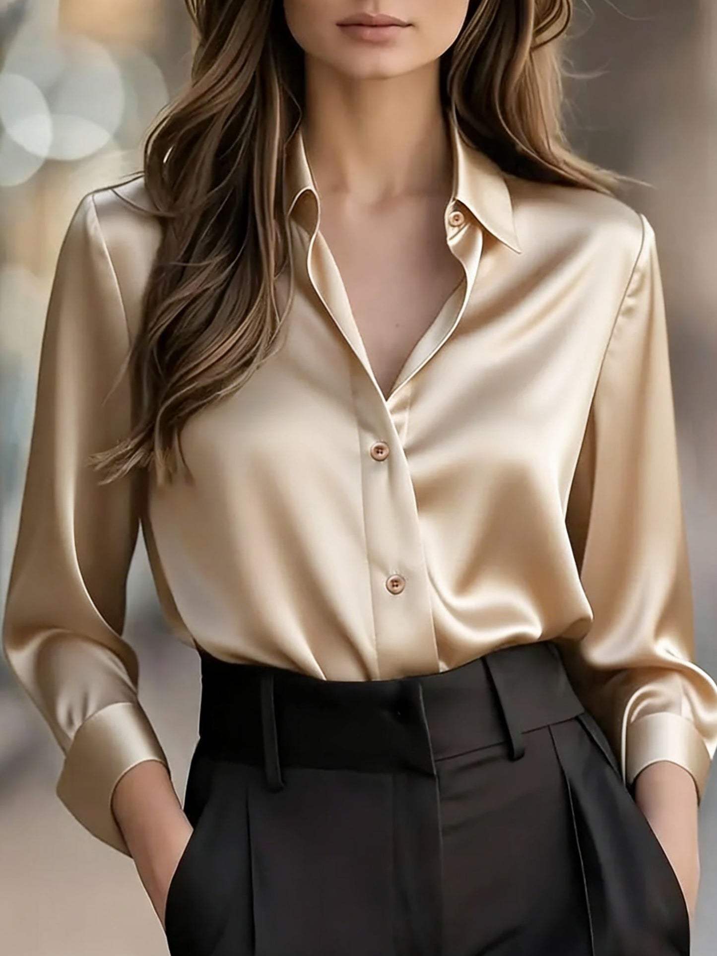 Blusa de Cetim de Manga Comprida para Mulher | Camisa Profissional Elegante com Decote em V para Escritório, Roupa Casual de Primavera/Outono, Corte Justo