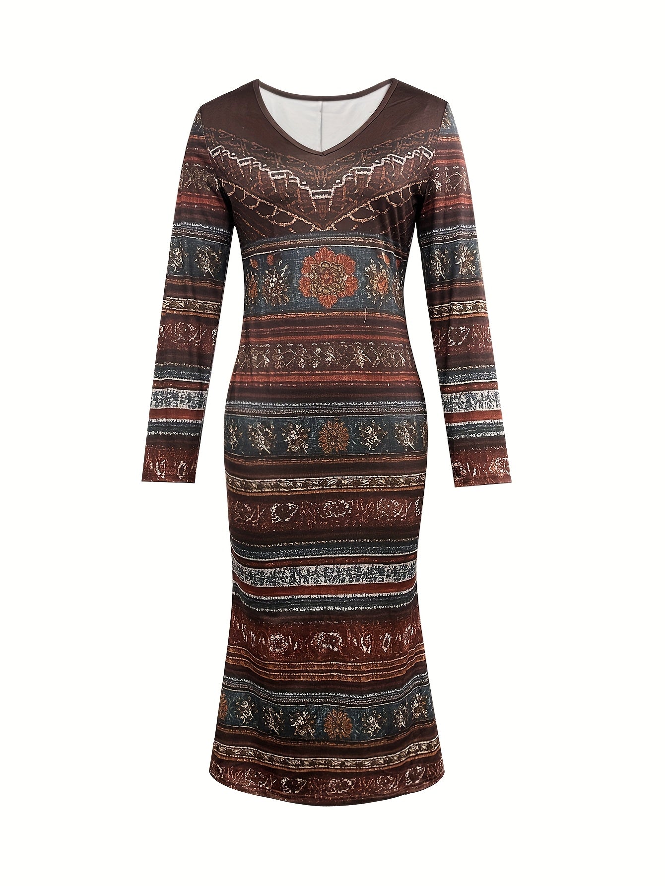 Vestido Feminino Vintage com Decote em V e Estampa Floral - Elegante - Modelagem Slim Fit para Outono/Inverno, Lavável na Máquina, Ideal para Casamentos, Escritório e Uso Diário