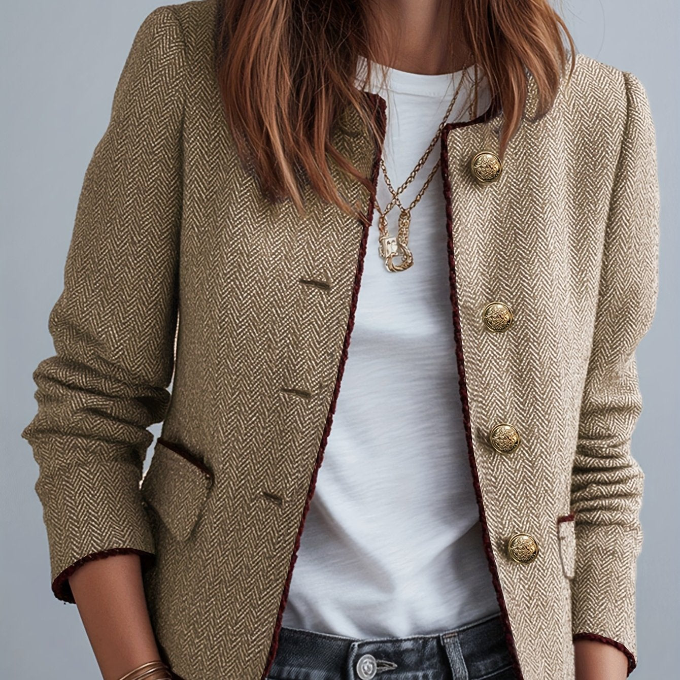 Casaco Elegante Casual de Mulher em Tweed Espinha de Peixe para as Quatro Estações com Cinto | Cor Sólida, Design Sem Gola