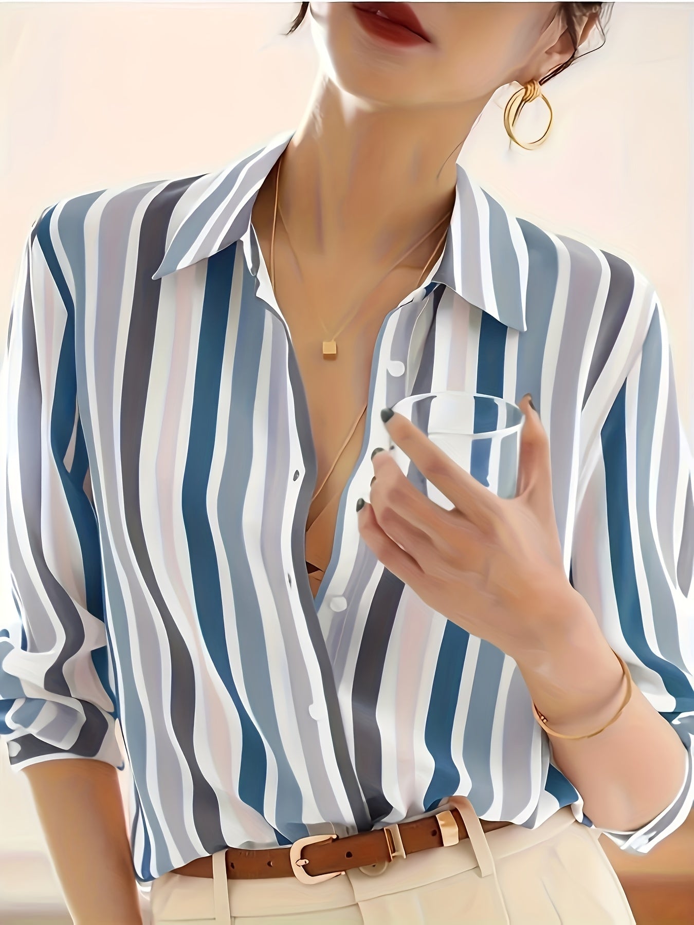 Camisa Casual de Manga Comprida às Riscas para Mulher | Riscas Verticais Pretas e Brancas, Leve, Ideal para Primavera/Verão/Outono | Gola de Lapela Clássica, Blusa Elegante e Moderna