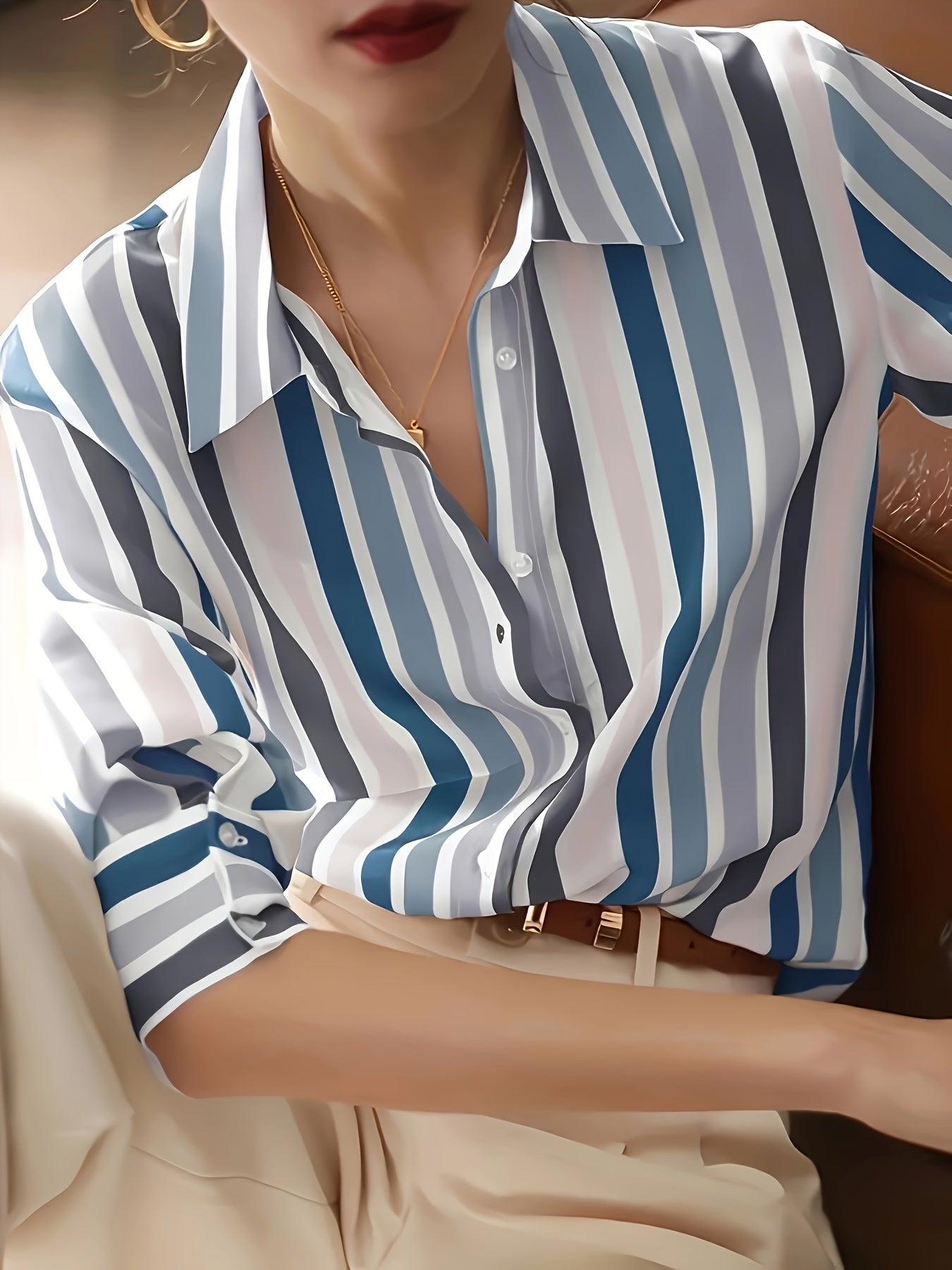 Camisa Casual de Manga Comprida às Riscas para Mulher | Riscas Verticais Pretas e Brancas, Leve, Ideal para Primavera/Verão/Outono | Gola de Lapela Clássica, Blusa Elegante e Moderna
