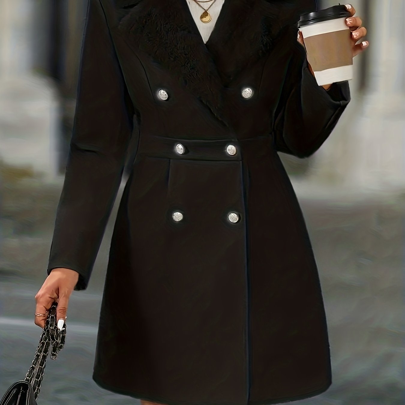 Casaco de Tweed Preto Elegante para Mulheres - Peça de Inverno Formal e Casual, Lavável na Máquina, Ideal para Escritório, Festas e Lazer - Casaco de Inverno com Detalhes de Falso Acabamento e Botões Estilosos