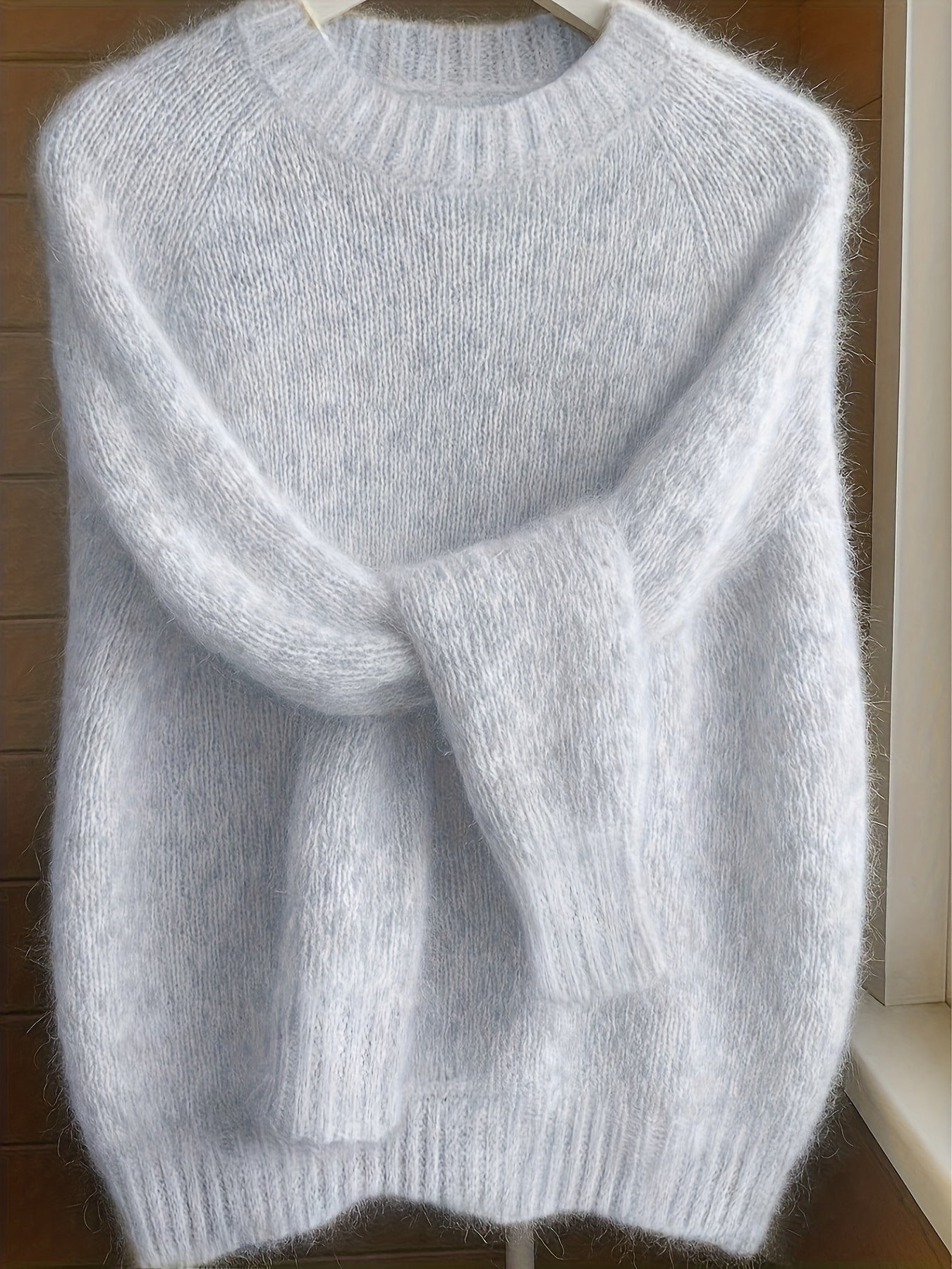 Camisola de Escovado para Mulher | Manga Raglan de Inspiração Francesa, Acolchoada com Ombros Descaídos, Gola Redonda, Cor Sólida, Manga Comprida para Outono/Inverno, Ideia de Presente de Aniversário de Natal