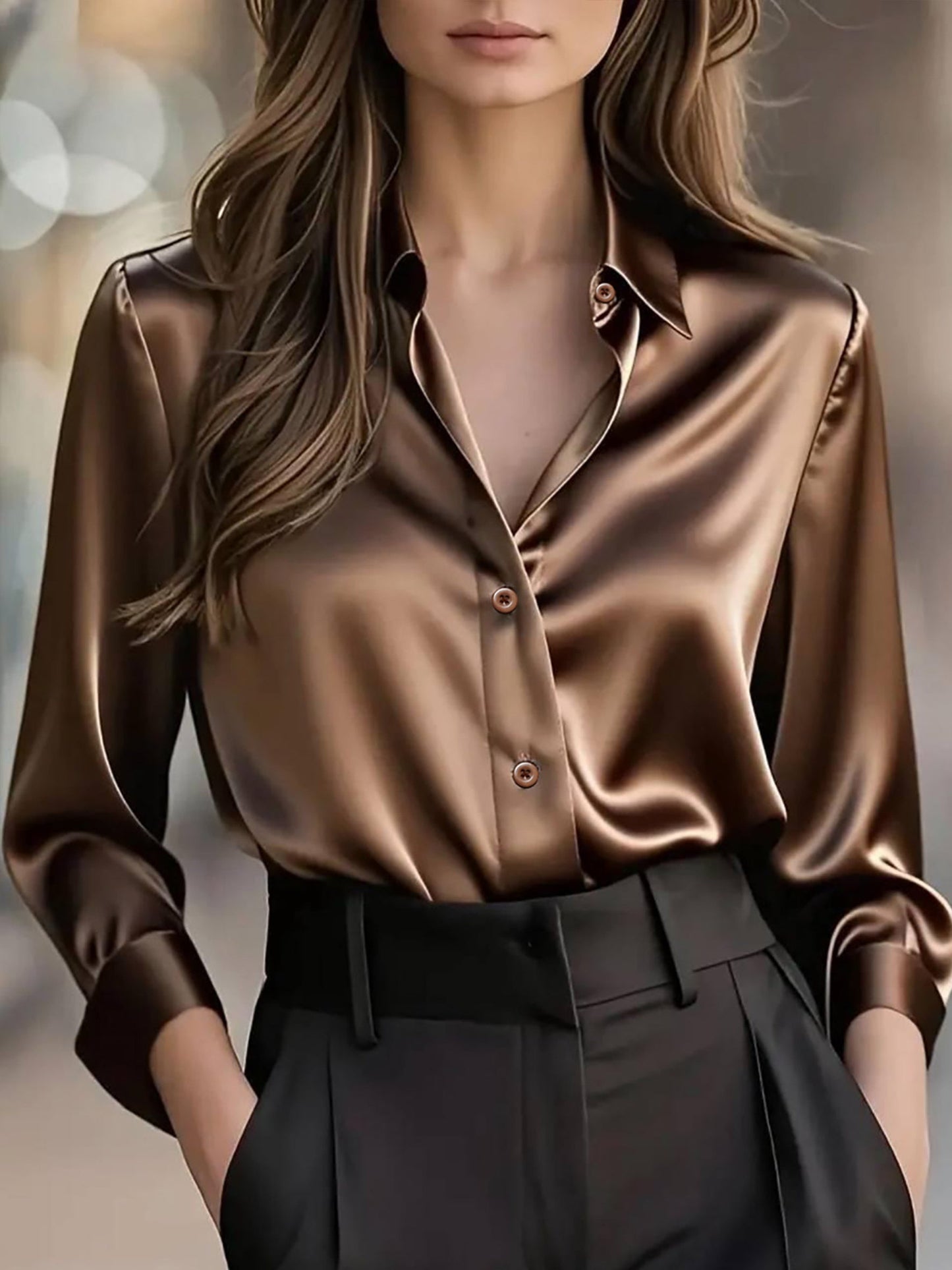 Blusa de Cetim de Manga Comprida para Mulher | Camisa Profissional Elegante com Decote em V para Escritório, Roupa Casual de Primavera/Outono, Corte Justo