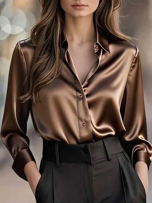 Blusa de Cetim de Manga Comprida para Mulher | Camisa Profissional Elegante com Decote em V para Escritório, Roupa Casual de Primavera/Outono, Corte Justo