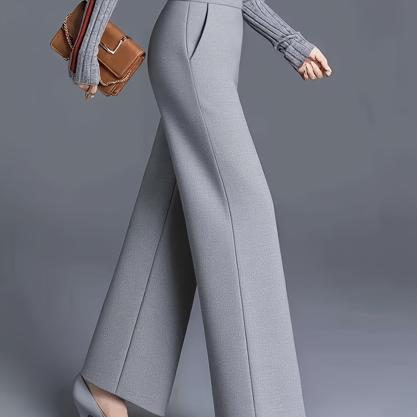 Calças Elegantes de Cintura Subida e Perna Larga | Ajuste Solto Confortável, Cor Lisa, Design Assimétrico com Bolsos, Roupa Casual para Todas as Estações, Lavável na Máquina
