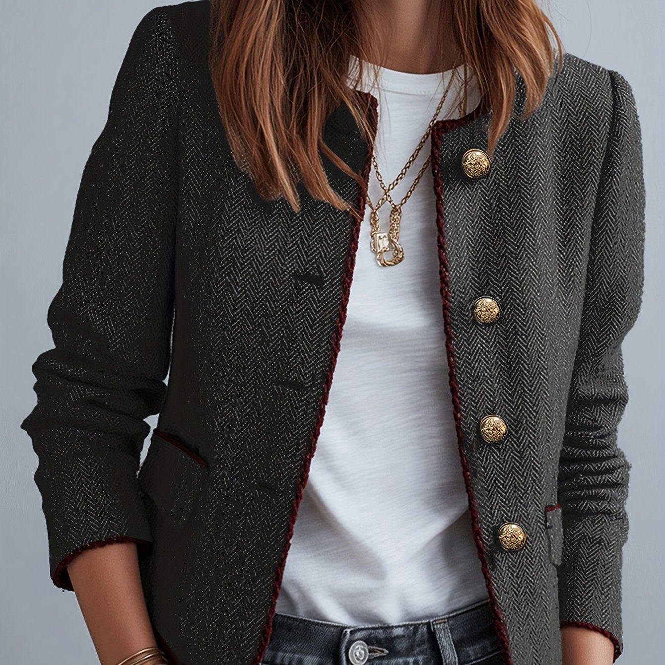 Casaco Elegante Casual de Mulher em Tweed Espinha de Peixe para as Quatro Estações com Cinto | Cor Sólida, Design Sem Gola