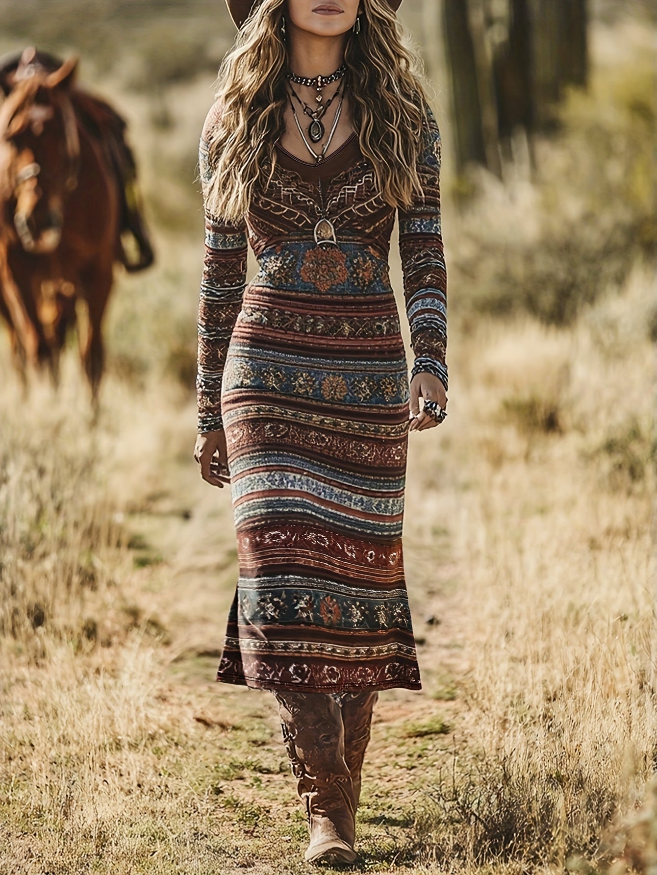 Vestido Feminino Vintage com Decote em V e Estampa Floral - Elegante - Modelagem Slim Fit para Outono/Inverno, Lavável na Máquina, Ideal para Casamentos, Escritório e Uso Diário