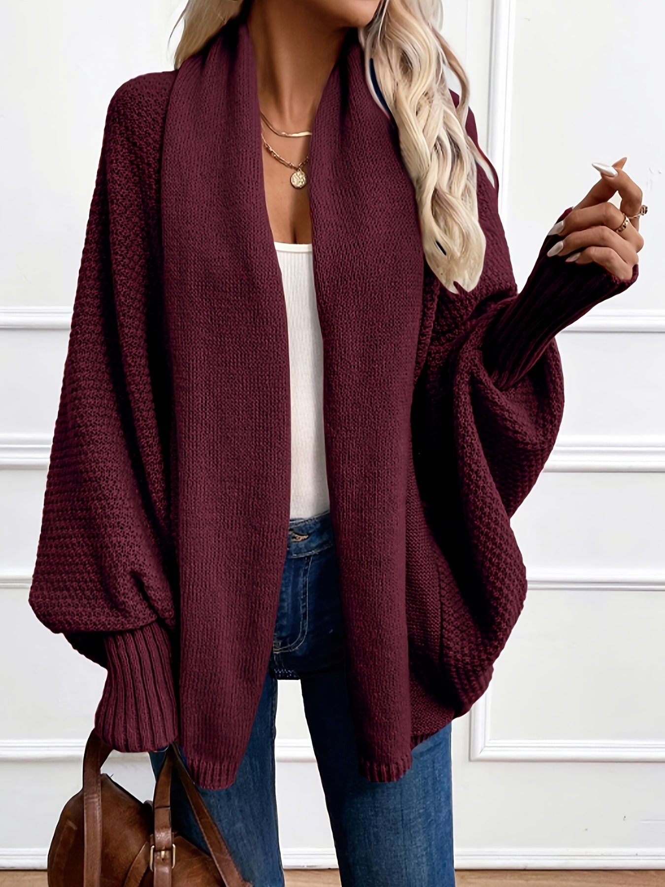 Cardigan Elegante de Cor Lisa com Mangas Lanterna e Gola Chales para Mulher, Ideal para o Outono e Inverno.