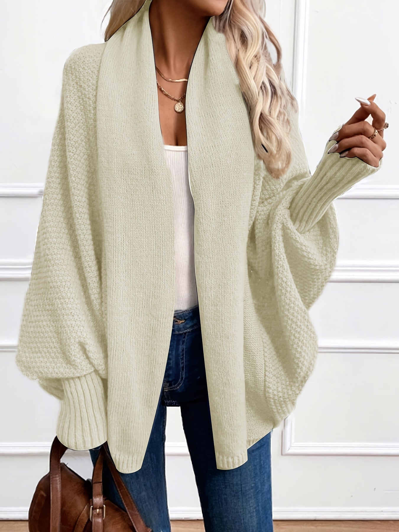 Cardigan Elegante de Cor Lisa com Mangas Lanterna e Gola Chales para Mulher, Ideal para o Outono e Inverno.