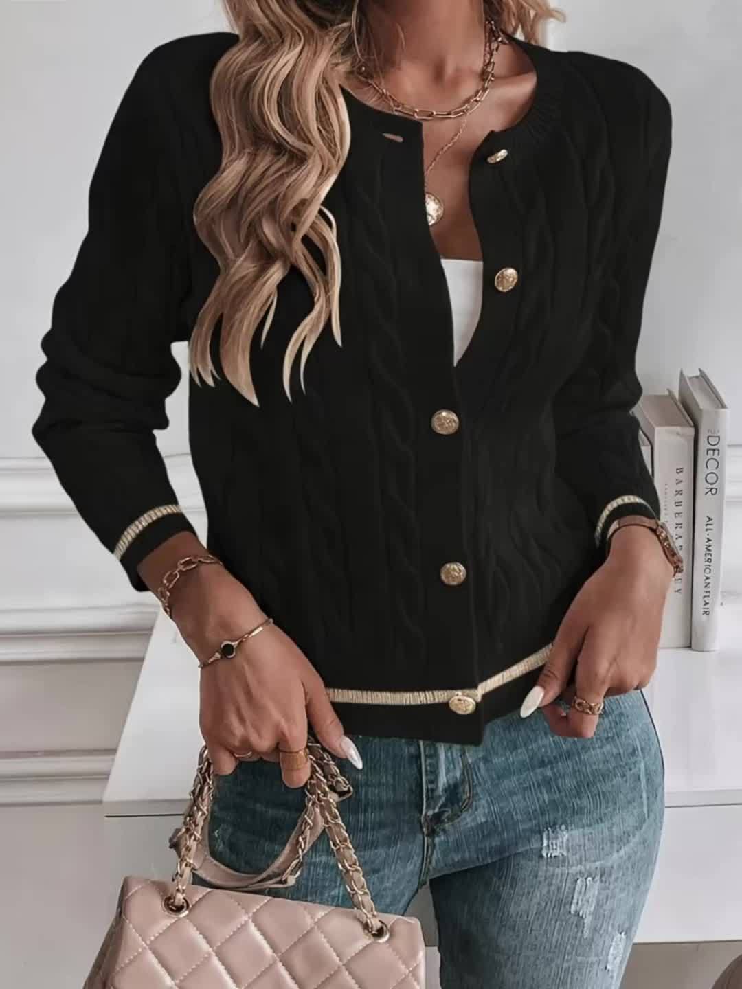 Cardigã Feminino Elegante de Manga Longa - Abertura Frontal com Botões, Lavável à Máquina, Suéter Não Elástico para Primavera Verão Outono, Casual a Semi-Formal, Peça Sazonal de Camadas, Tricô Decorado com Botões