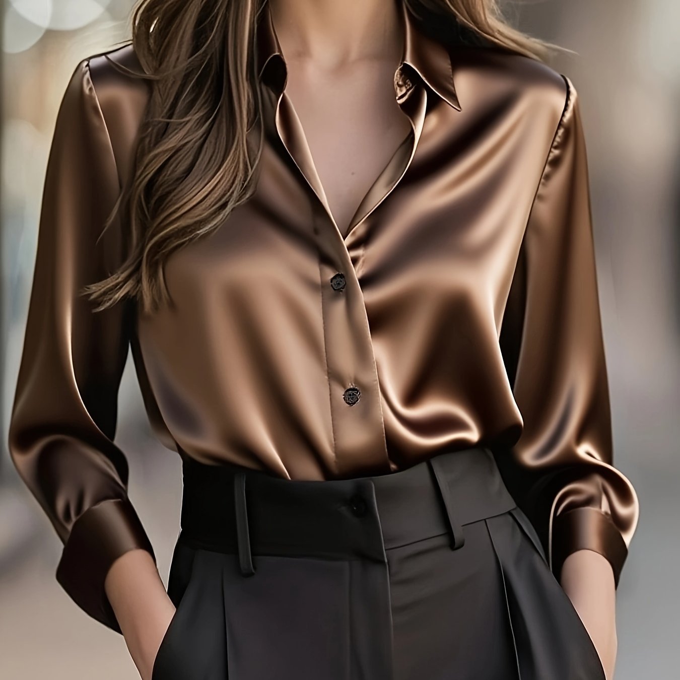 Blusa Elegante de Cetim de Cor Sólida para Mulher | Estação Primavera/Outono, Manga Comprida, Abotoadura Simples, Corte Normal