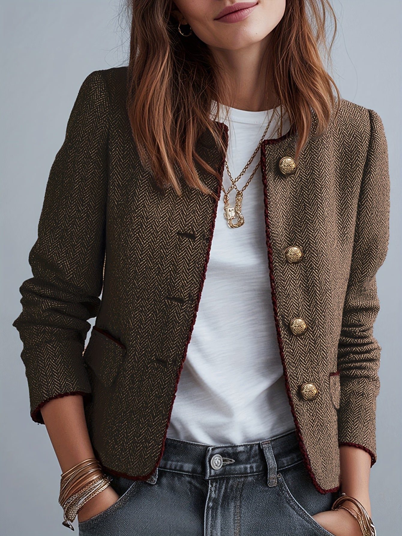 Casaco Elegante Casual de Mulher em Tweed Espinha de Peixe para as Quatro Estações com Cinto | Cor Sólida, Design Sem Gola