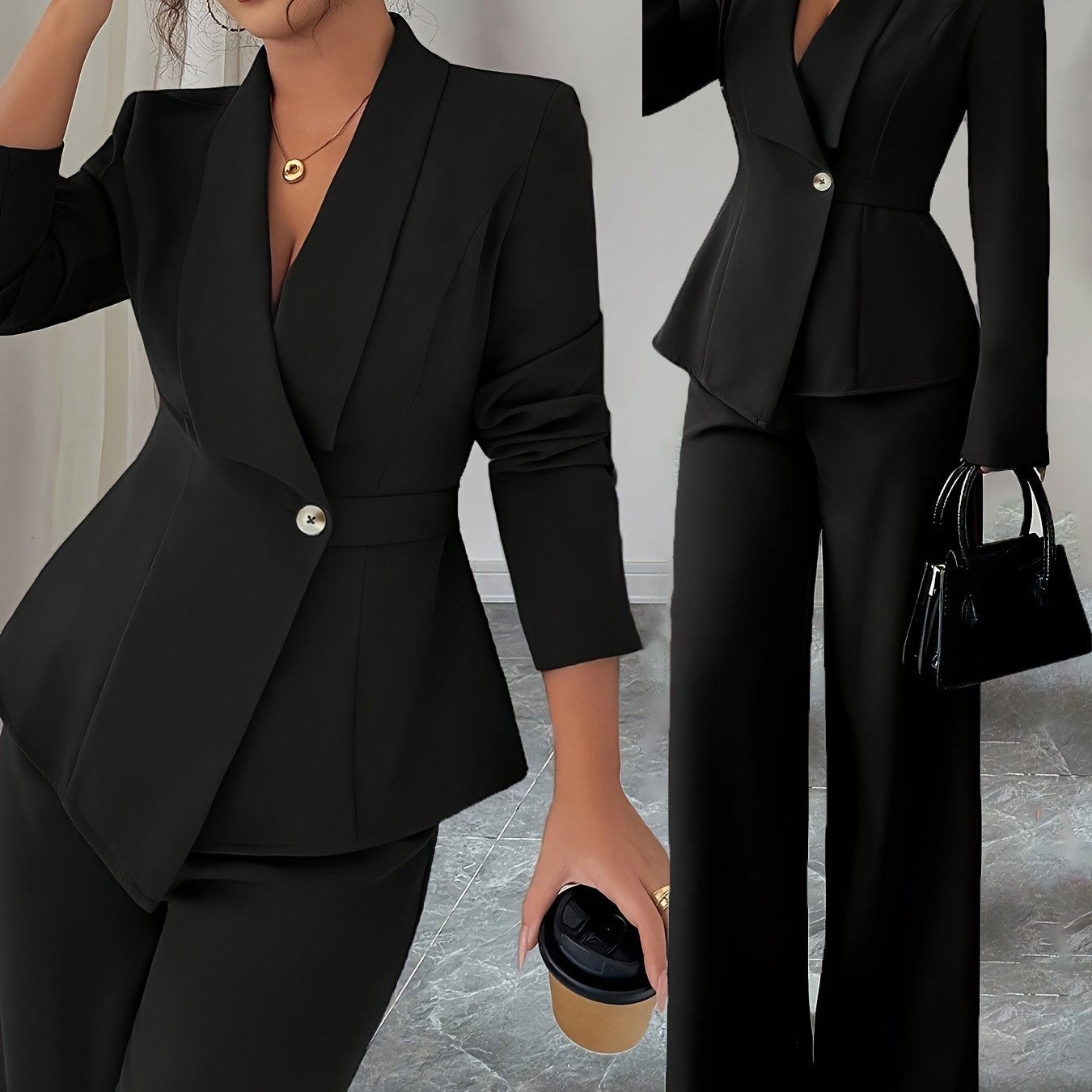 Terno feminino de cor sólida, requintado e elegante, ideal para escritório, deslocamento, estilo urbano, romance francês, casual, retrô do Oriente Médio, chá da tarde, festa, Ação de Graças, volta às aulas, primavera/outono/inverno, terno de duas peças pa