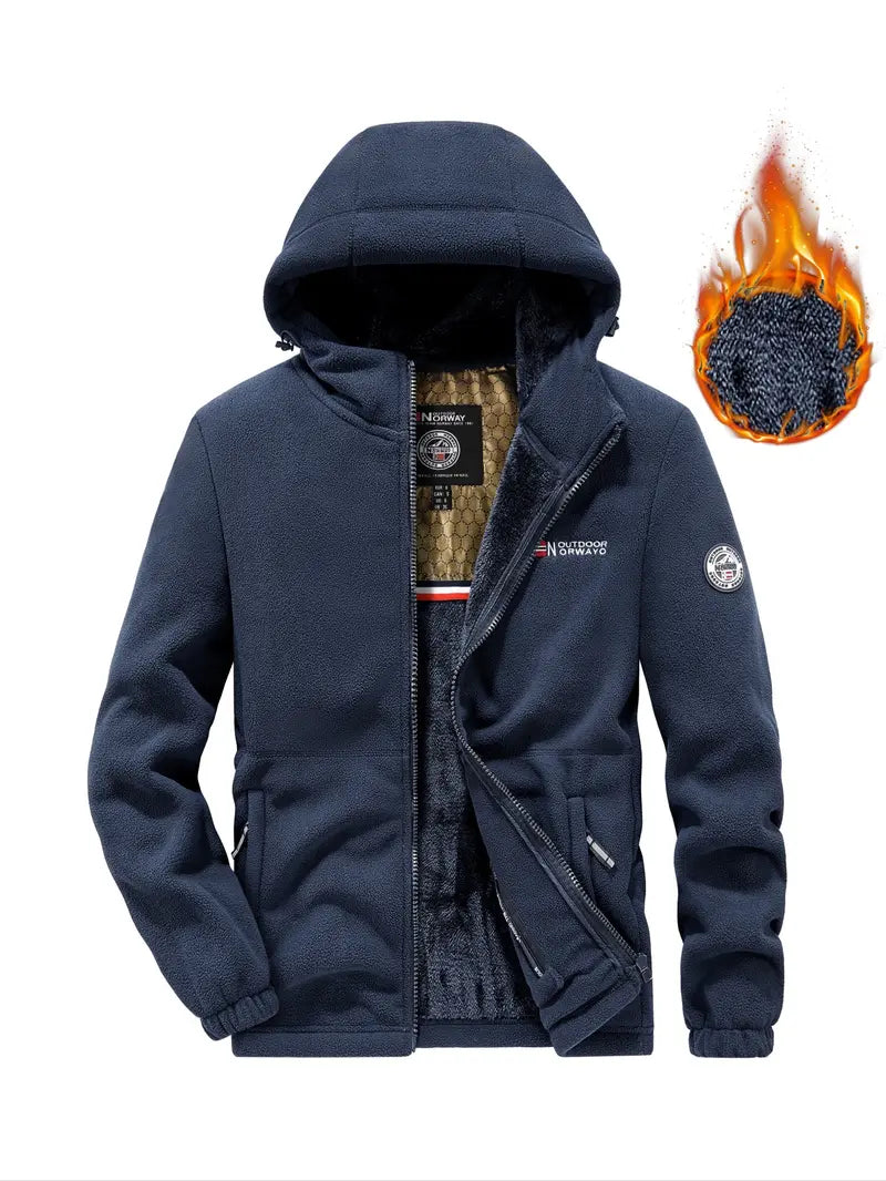 Men's Hooded Casual Fleece Jacket with Zipper, Embroidered Letter Design