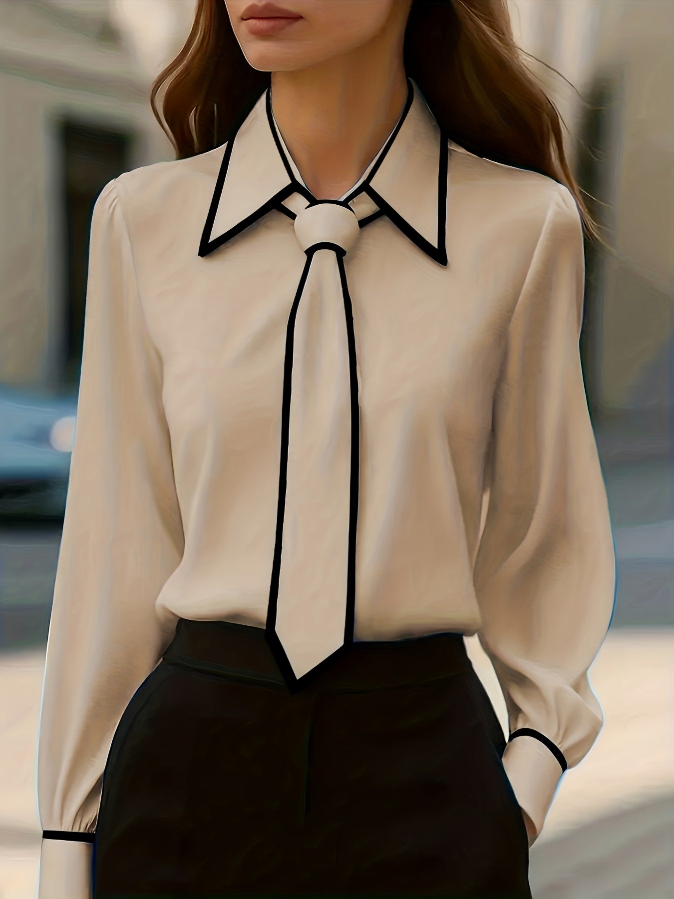 Camisa Elegante de Gola Contrastante para Todas as Estações | Cor Sólida, Estilo Lapela com Detalhes de Botões