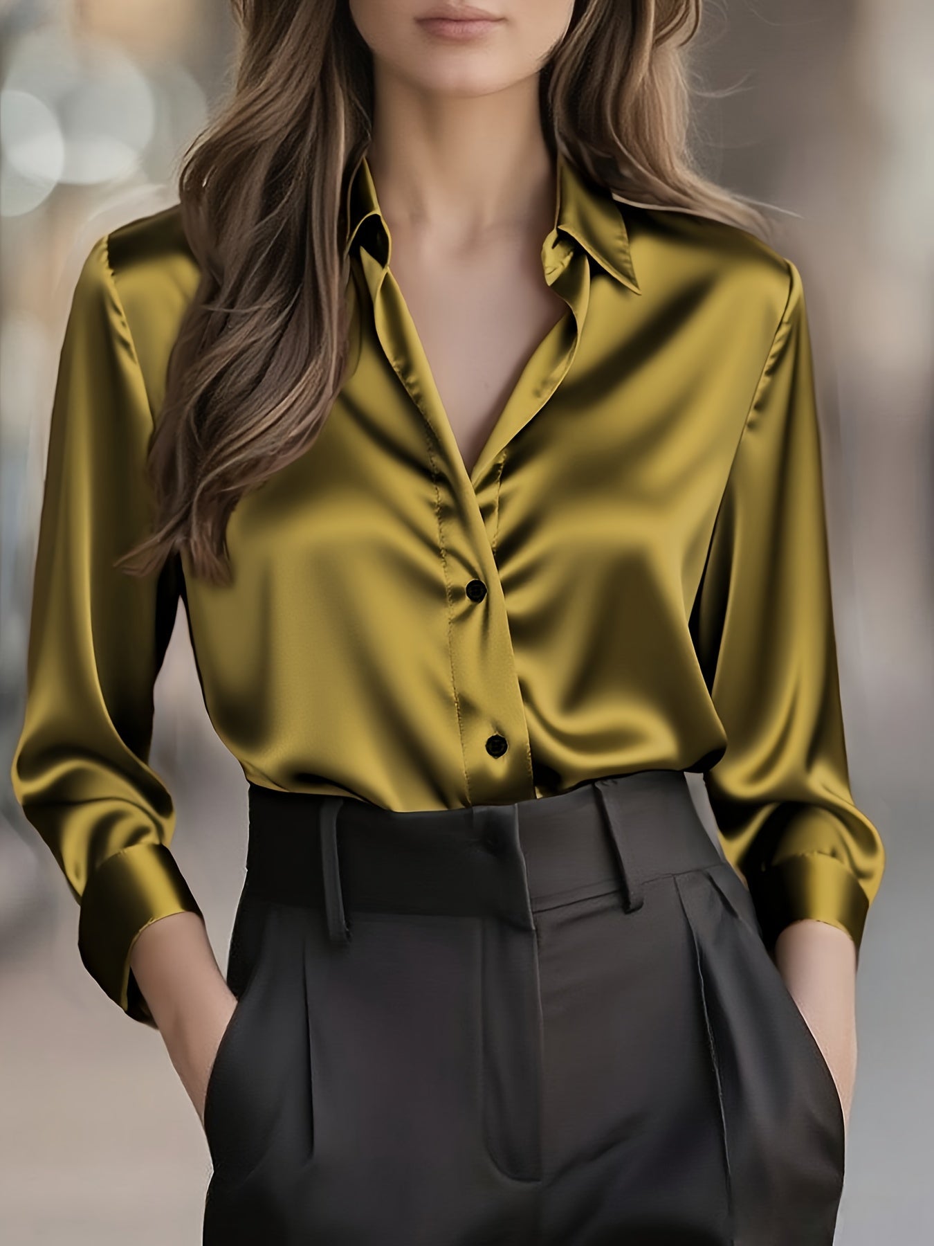 Blusa Elegante de Cetim de Cor Sólida para Mulher | Estação Primavera/Outono, Manga Comprida, Abotoadura Simples, Corte Normal