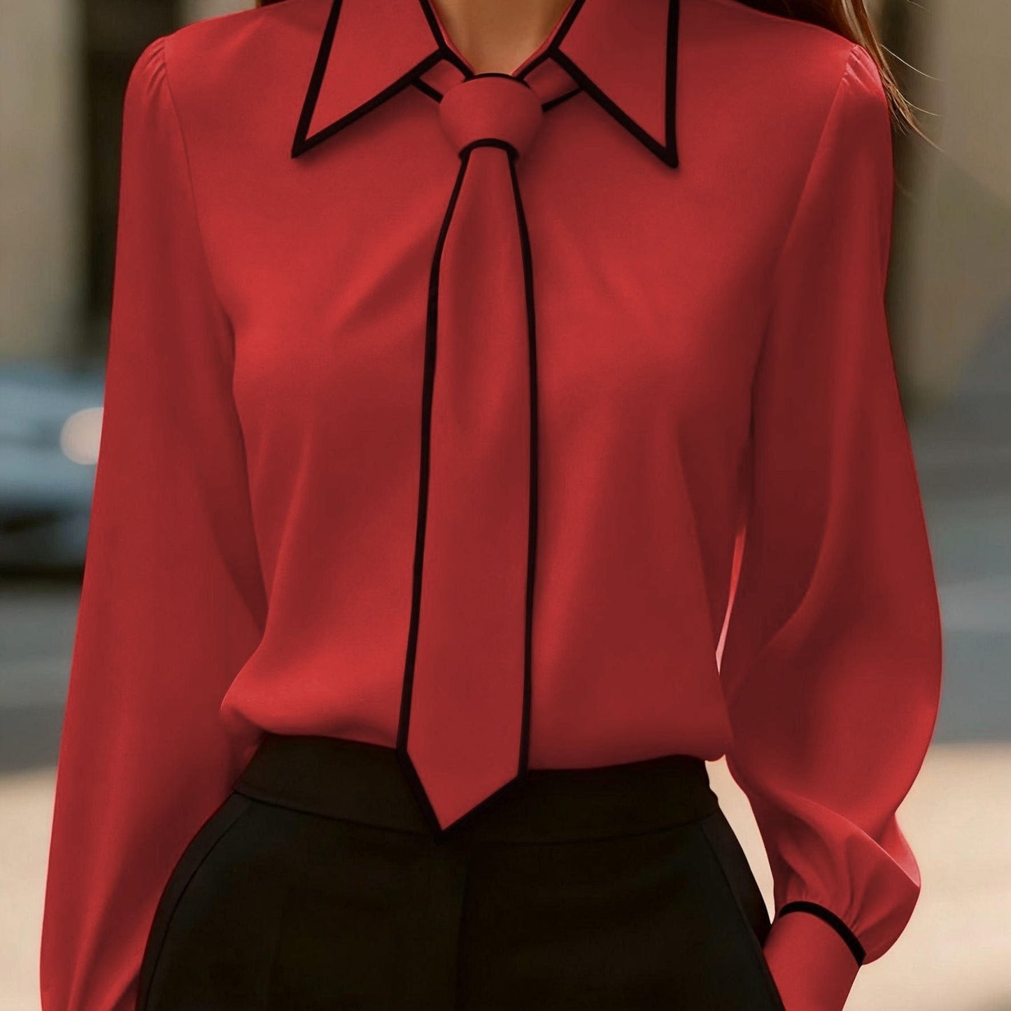 Camisa Elegante de Gola Contrastante para Todas as Estações | Cor Sólida, Estilo Lapela com Detalhes de Botões