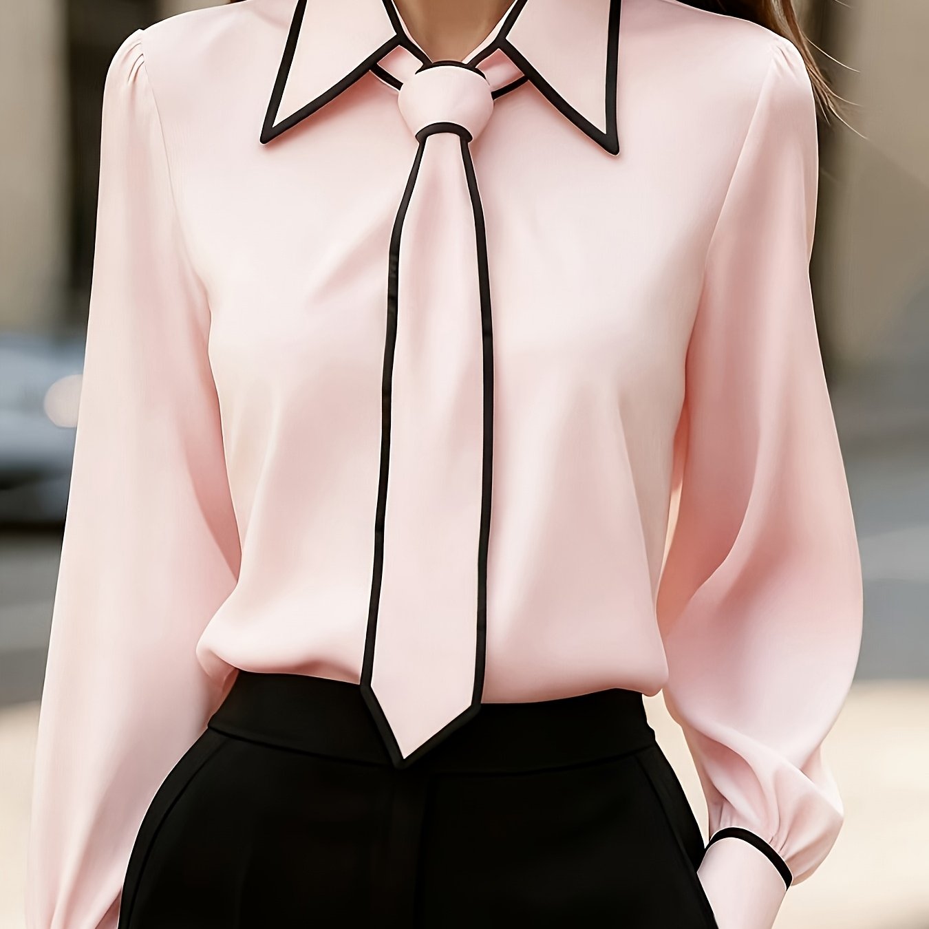 Camisa Elegante de Gola Contrastante para Todas as Estações | Cor Sólida, Estilo Lapela com Detalhes de Botões
